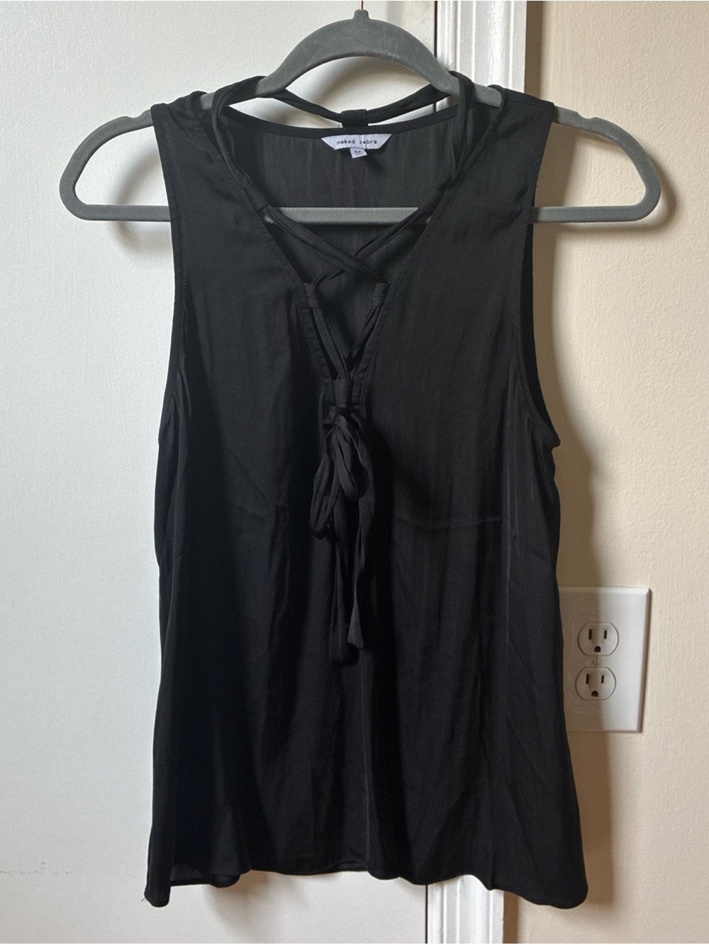 Naked Zebra black dressy tank with lace up neck line, size M